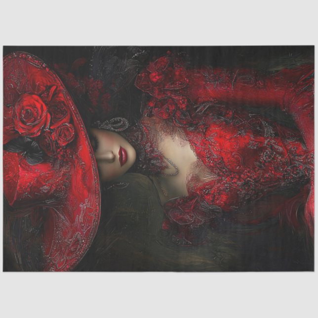 Decoupage Victorian Elaborate Red Dress Wide Hat  Tissue Paper (Front)