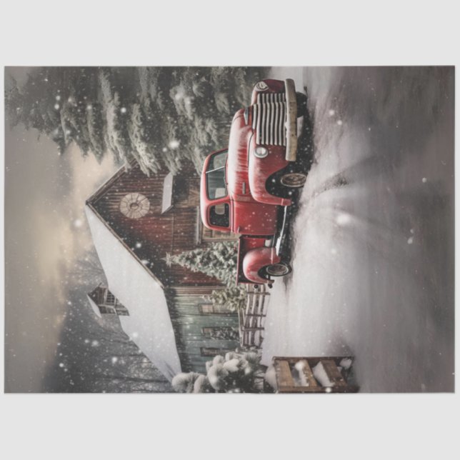 Decoupage Vintage Red Truck Christmas Time  Tissue Paper (Front)