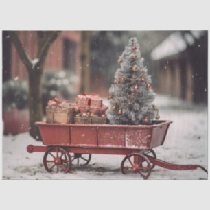 Decoupage Vintage Red Wagon Snow Scene Tissue Paper