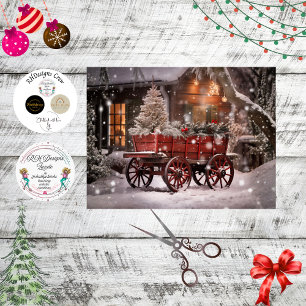 Decoupage Vintage Red Wagon Winter Scene Tissue Paper