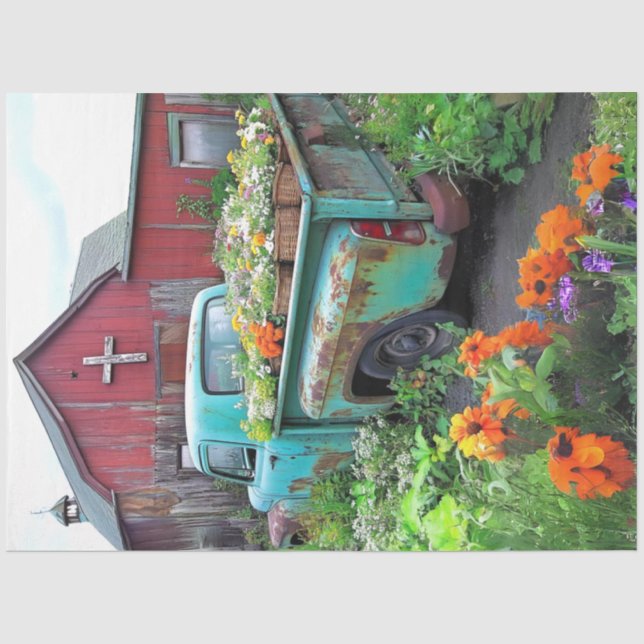 Decoupage Vintage Rusty Blue Truck Flowers Tissue Paper (Front)