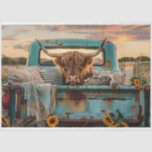 Decoupage Vintage Rusty Truck Highland Cow  Tissue Paper<br><div class="desc">Enchanting image captures the essence of country charm with a majestic Highland cow lounging in the bed of a classic teal pickup truck. The scene is beautifully adorned with cozy blankets, pillows, vibrant sunflowers, and the warm glow of candlelight, all set against a stunning sunset backdrop. The combination of rustic...</div>