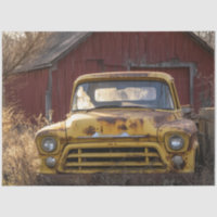 Decoupage Vintage Rusty Yellow Truck Red Barn