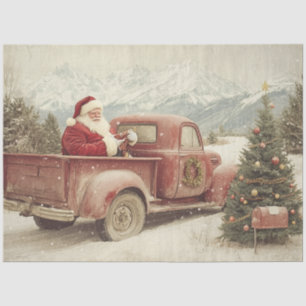 Decoupage Vintage Santa Clause Red Truck Tree  Tissue Paper