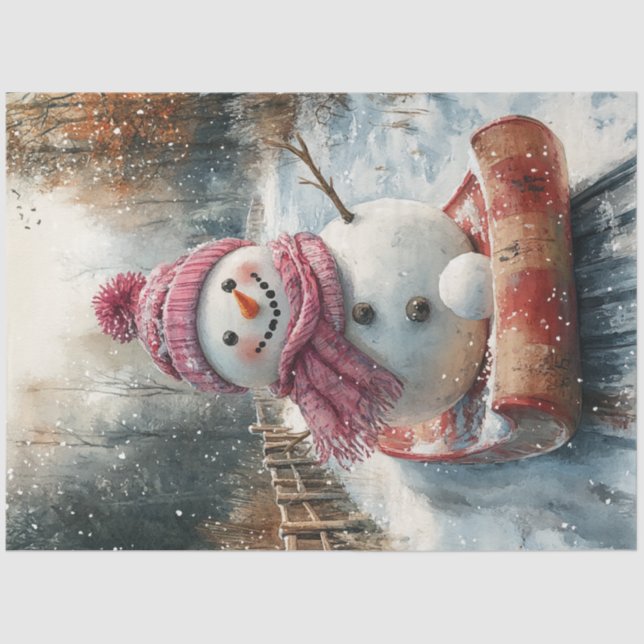 Decoupage Vintage Snowman on Sled  Tissue Paper (Front)