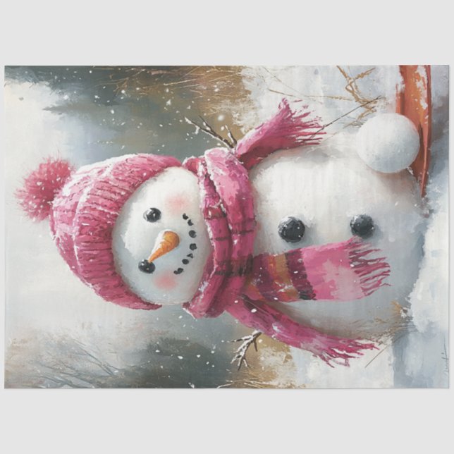 Decoupage Vintage Snowman Pink Scarf Sleeding Tissue Paper (Front)