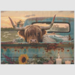 Decoupage Vintage Truck Highland Cow Sunflowers Tissue Paper<br><div class="desc">The photo captures the back of a vintage blue pickup truck at sunset. A large brown and white cow with long horns peeks over the edge of the truck bed, which is filled with cozy blankets and lit candles. A single sunflower rests near the tailgate, adding a touch of nature...</div>