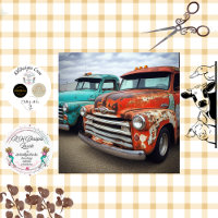Decoupage Vintage Turquoise and Red Truck in Field