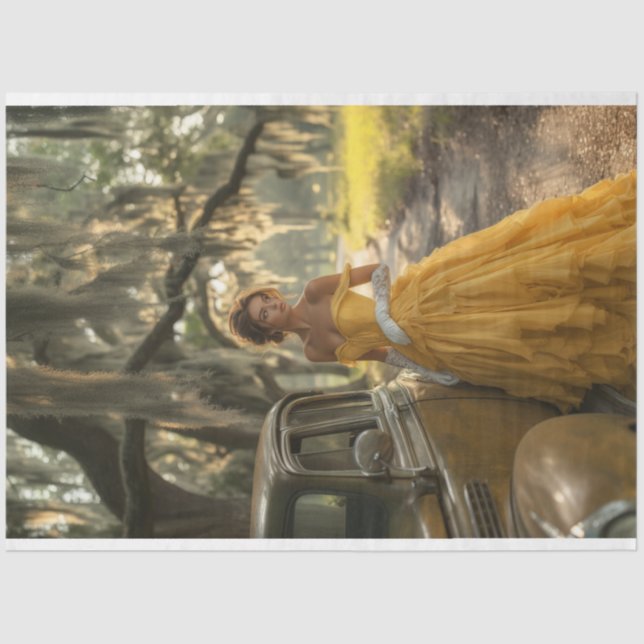 Decoupage Vintage Yellow Car Beautiful Woman Tissue Paper (Front)