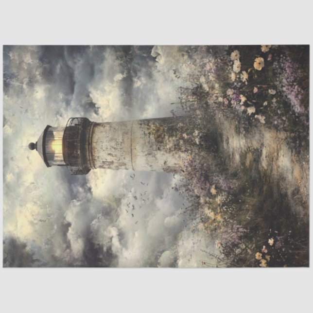 Decoupage Weathered Lighthouse Wildflowers Tissue Paper (Front)