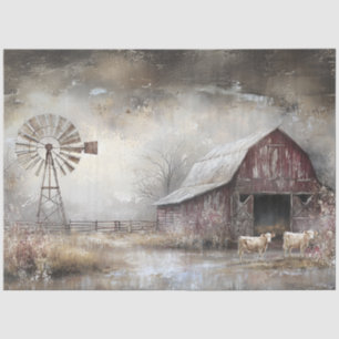 Decoupage Weathered Red Barn Windmill Cows Tissue Paper