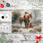Decoupage Western Cowboy Santa & Horse Tissue Paper<br><div class="desc">Saddle up for the season with this Western Cowboy Santa—a heartwarming fusion of holiday tradition and frontier grit. Dressed in a red coat trimmed with white fur, cowboy boots, brown gloves, and a wide leather belt, Santa stands beside his trusty horse in a snow-covered landscape. His cowboy hat replaces the...</div>