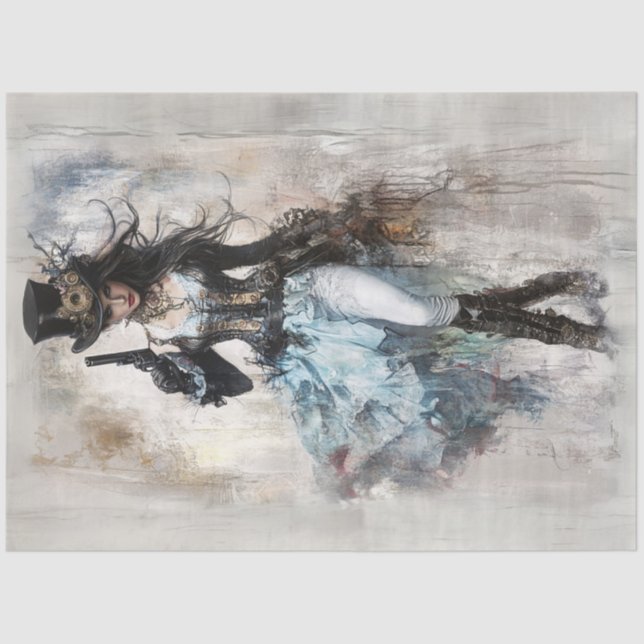 Decoupage Western Dress Lady Steampunk Blue Tissue Paper (Front)