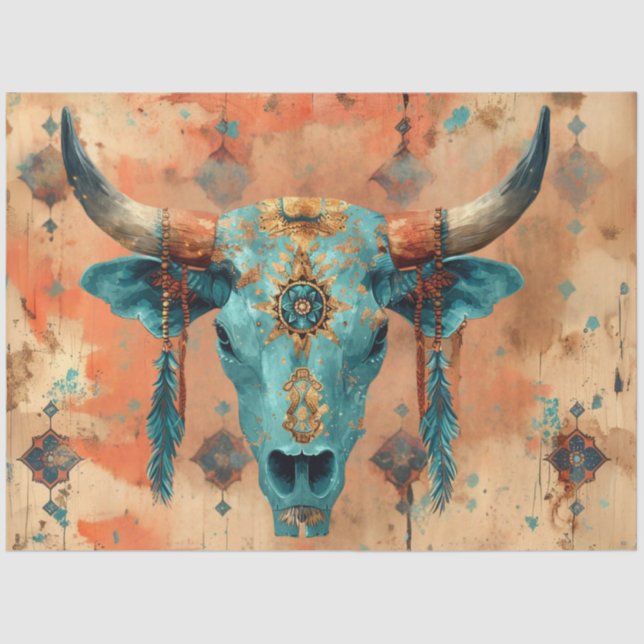 Decoupage Western Skull Turquoise Faux Background Tissue Paper (Front)