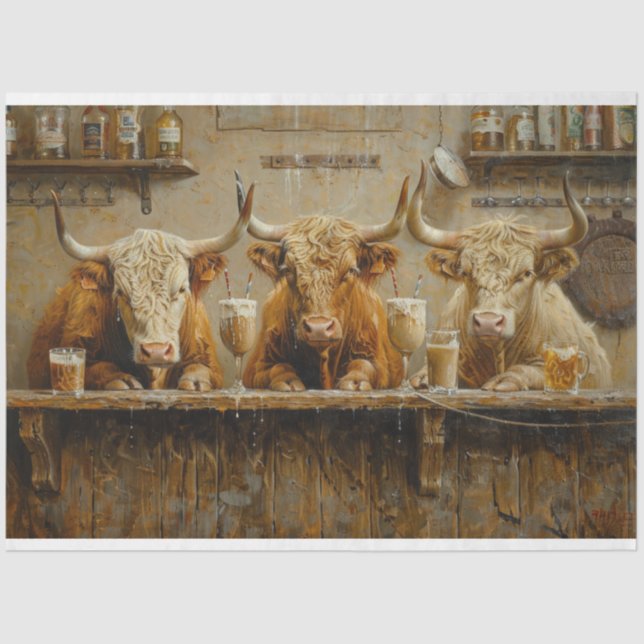 Decoupage Whimsical Bar Scene Cows Drinking Tissue Paper (Front)