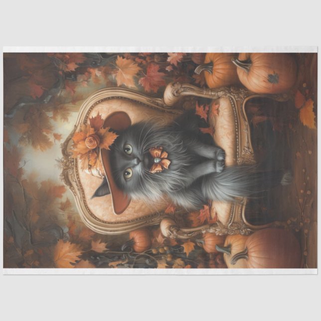 Decoupage Whimsical Black Cat Fall Portrait Tissue Paper (Front)