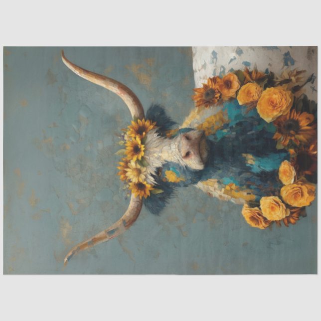 Decoupage Whimsical Blue Cracked Highland Cow  Tissue Paper (Front)