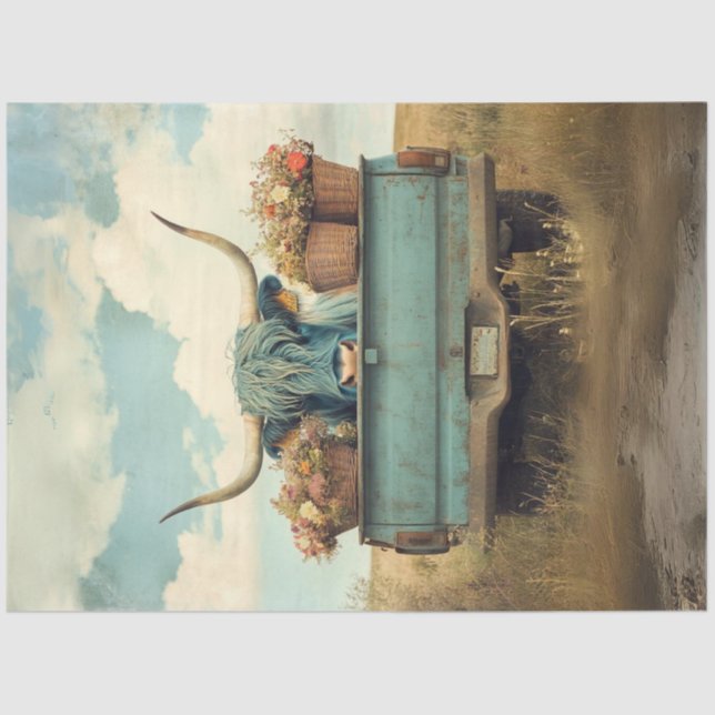 Decoupage Whimsical Blue Haired Highland Cow Truck Tissue Paper (Front)