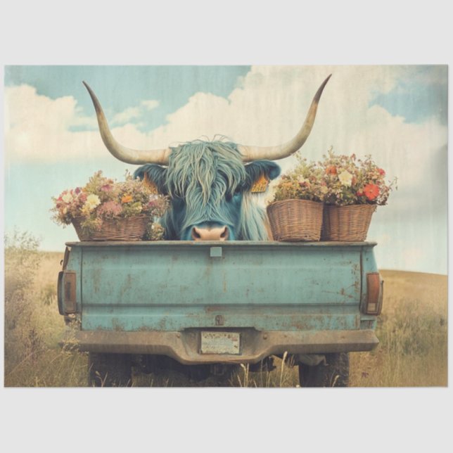 Decoupage Whimsical Blue Highland Truck Flowers Tissue Paper (Front)