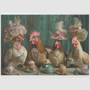 Decoupage Whimsical Chicken Chickadees Tea Party  Tissue Paper