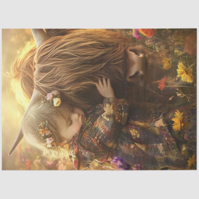 Decoupage Whimsical Child with Highland Cow  Tissue Paper (Front)