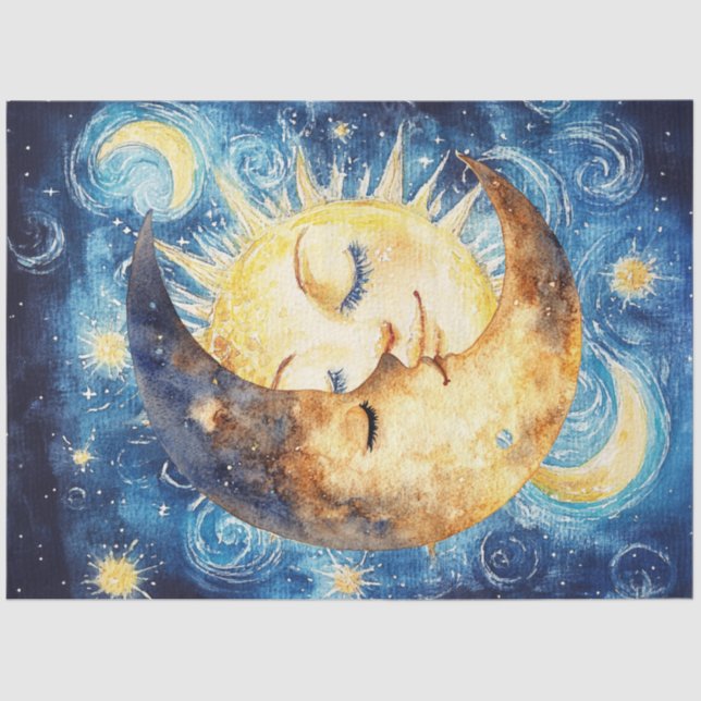 Decoupage Whimsical Crescent Moon Surrounding Sun  Tissue Paper (Front)