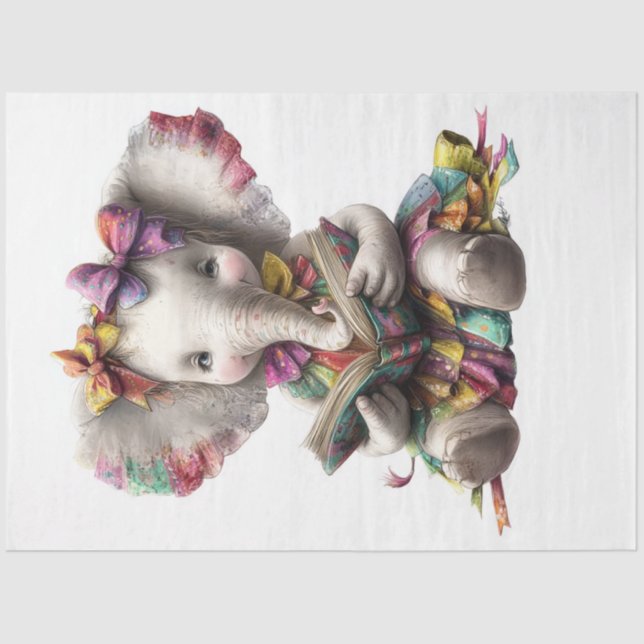 Decoupage Whimsical Elephant Reading to Students  Tissue Paper (Front)