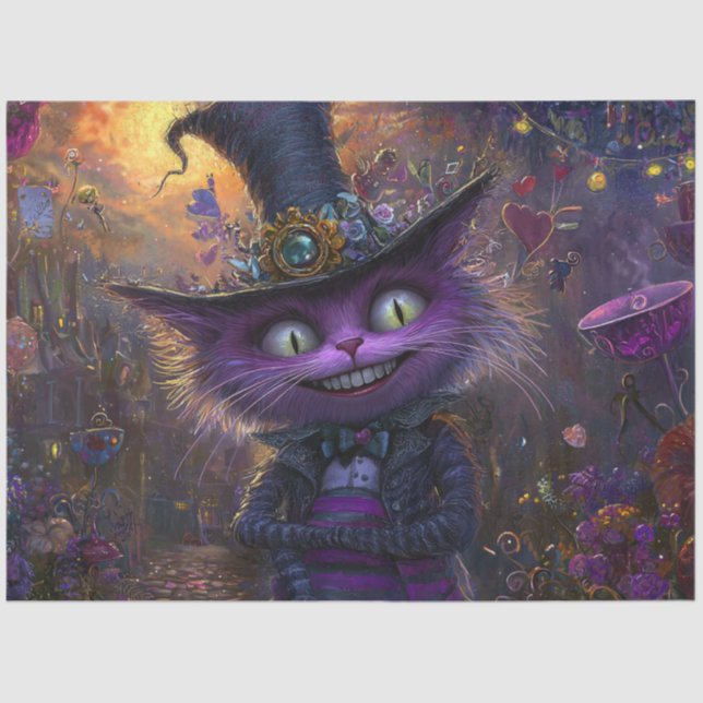 Decoupage Whimsical Fantasy Purple Cat with Hat Tissue Paper (Front)