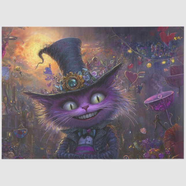 Decoupage Whimsical Fantasy Purple Cat with Hat Tissue Paper (Front)