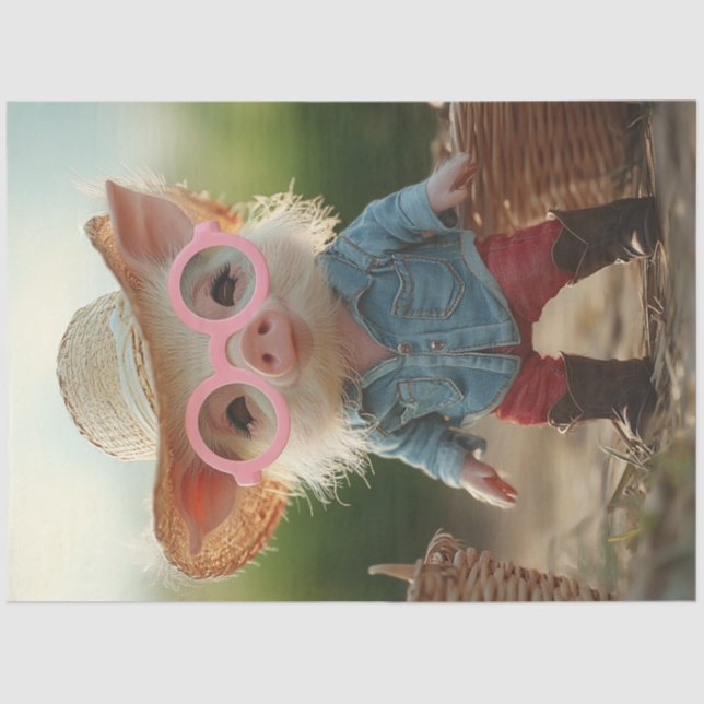 Decoupage Whimsical Farm Piglet in Straw Hat  Tissue Paper (Front)