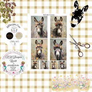 Decoupage Whimsical Floral Donkey Rustic Artwork Tissue Paper