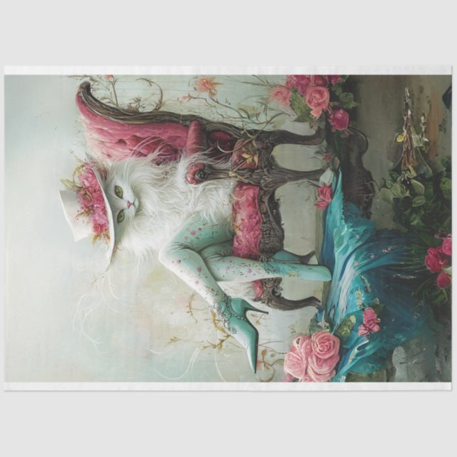 Decoupage Whimsical Graceful Exotic Cat in Chair Tissue Paper (Front)