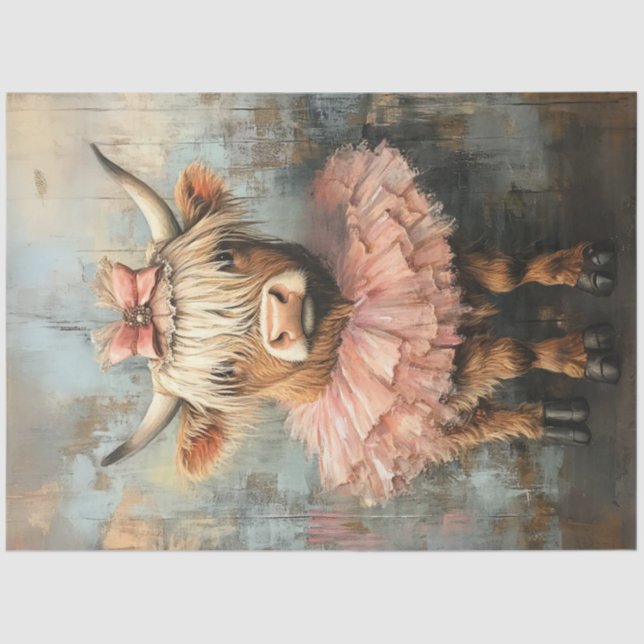 Decoupage Whimsical Highland Calf Pink Tutu Tissue Paper (Front)