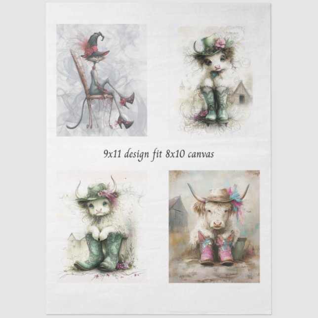 Decoupage Whimsical Highland Calves and Cats  Tissue Paper (Front)