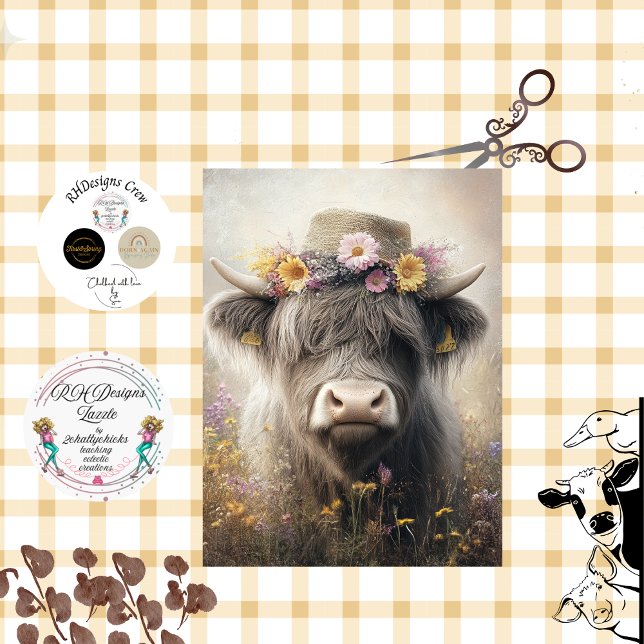 Decoupage Whimsical Highland Cow Wearing Hat  Tissue Paper (Creator Uploaded)