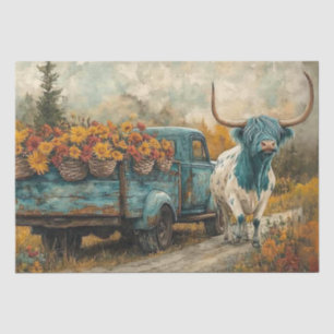 Decoupage Whimsical Highland Longhorn & Flowers Tissue Paper