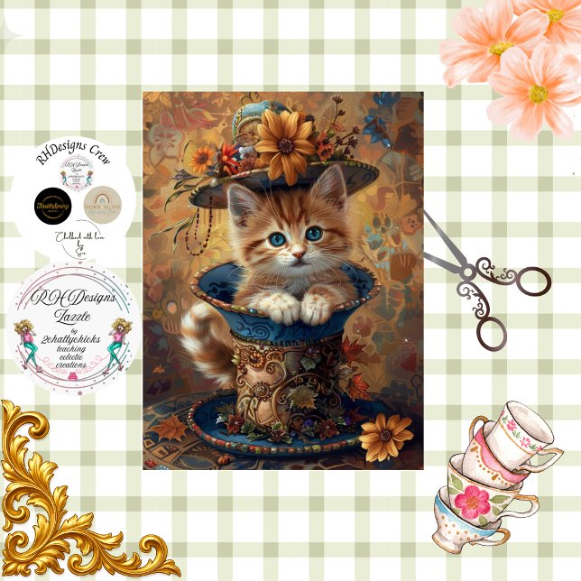 Decoupage Whimsical Kitten Ornate Teacup  Tissue Paper (Creator Uploaded)