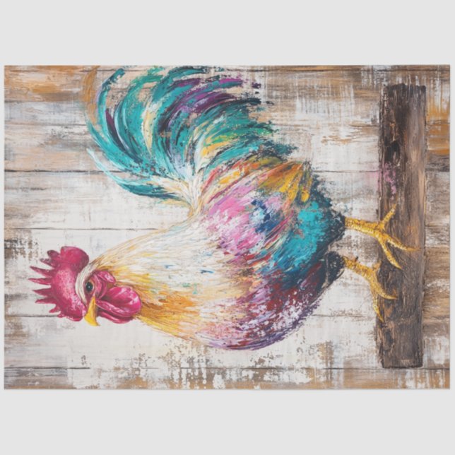 Decoupage Whimsical Oi Painting Rooster Teal Red Tissue Paper (Front)