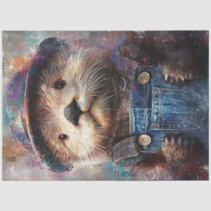 Decoupage Whimsical Otter Denim Overhauls Tissue Paper