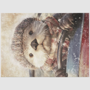 Decoupage Whimsical Otter in Hat Driving Car Tissue Paper