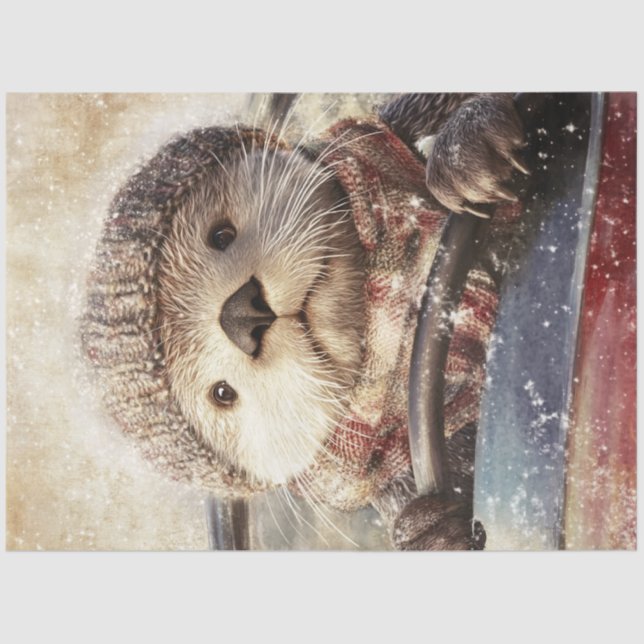 Decoupage Whimsical Otter in Hat Driving Car  Tissue Paper (Front)