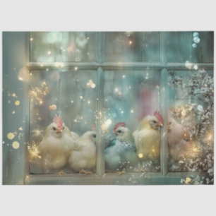 Decoupage Whimsical Pastel Chickens on Windowsill  Tissue Paper