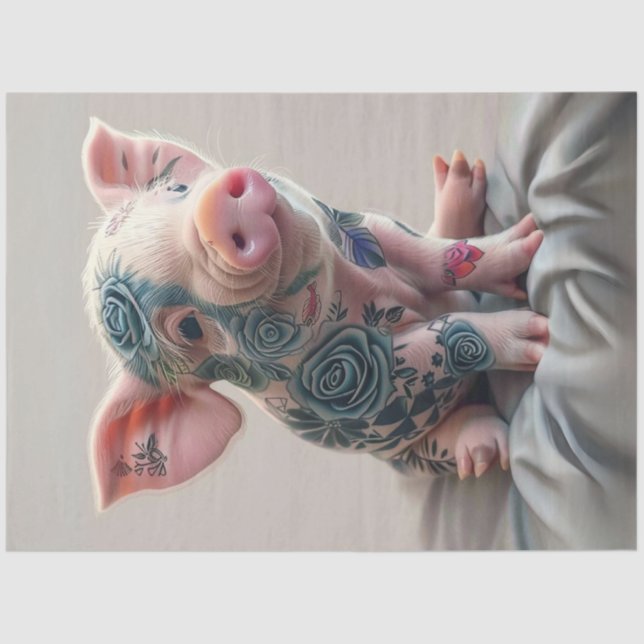 Decoupage Whimsical Piglet Flower Tattoo  Tissue Paper (Front)