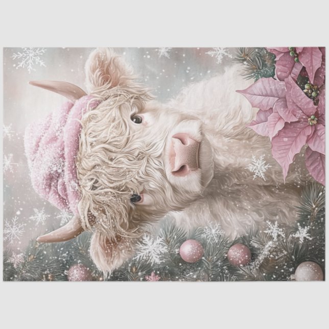Decoupage Whimsical Pink Highland Cow Winter Scene Tissue Paper (Front)