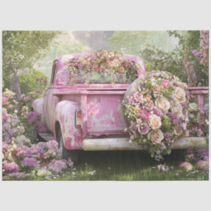 Decoupage Whimsical Pink Vintage Truck & Flowers  Tissue Paper