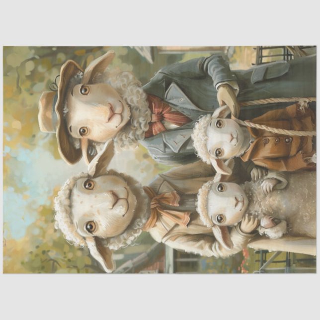 Decoupage Whimsical Sheep Family With Twins Tissue Paper (Front)