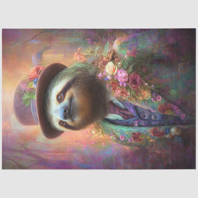 Decoupage Whimsical Sloth Floral Lapel  Tissue Paper (Front)