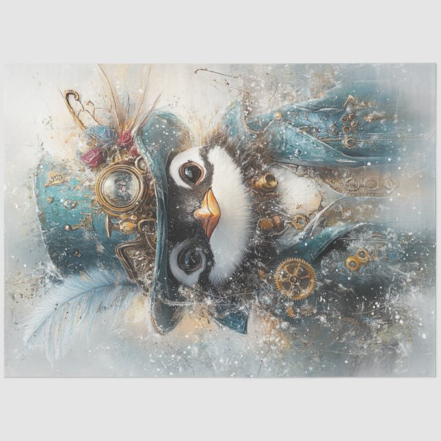 Decoupage Whimsical Steampunk Penguin on Adventure Tissue Paper (Front)