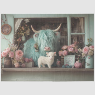 Decoupage Whimsical Teal Highland and Calf Flowers Tissue Paper