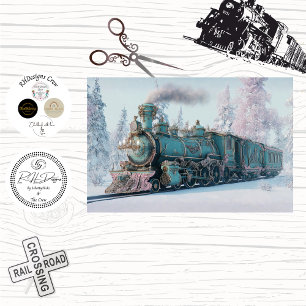 Decoupage Whimsical Teal Winter Locomotive Train Tissue Paper